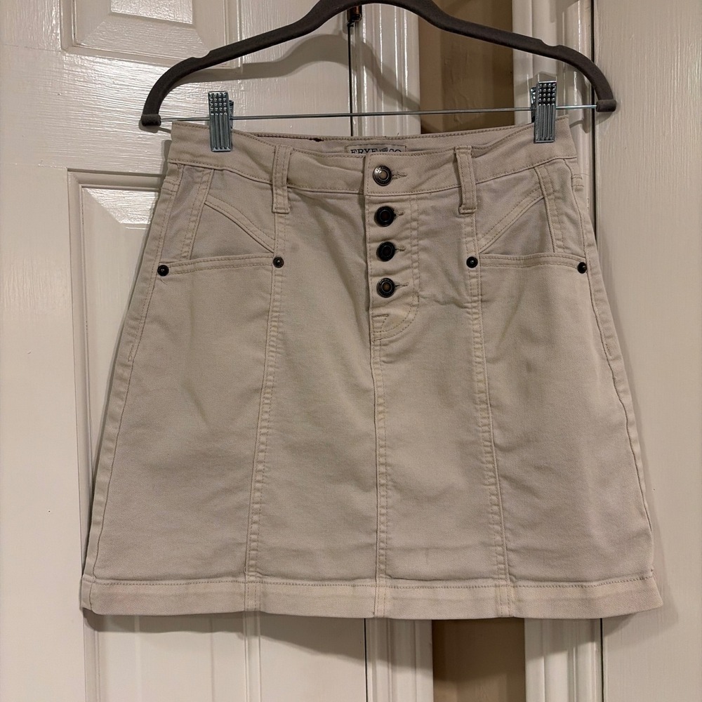 Frye and Co Womens Button Front Denim Mini Skirt Beige 2 Stretch Cotton Blend